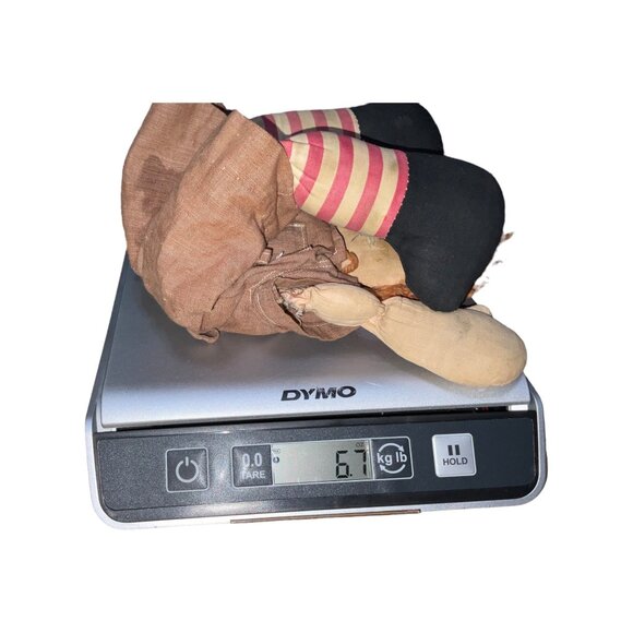 Antique Handmade Rag Doll With Brown Dress & Striped Legs - Picture 6 of 6